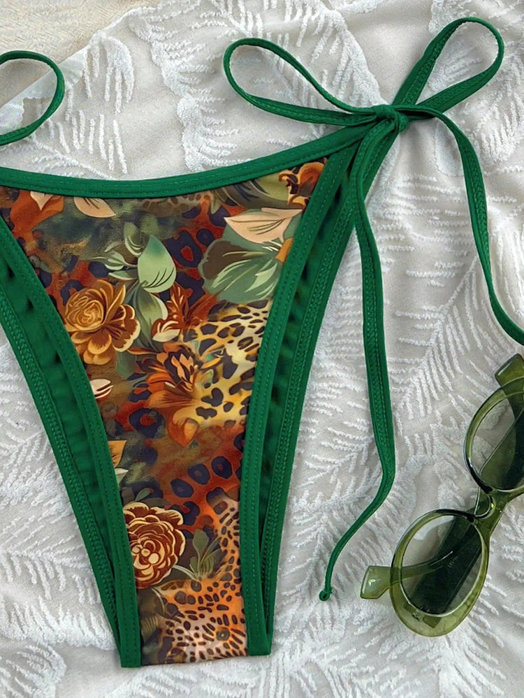 Costume da bagno bikini con stampa leopardata e bordo verde PlatiNum