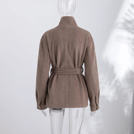 Casual Solid Woolen Loose Coats Women Belt Stand Collar Full Sleeve Zippers Lace Up Coat Female 2026 Autumn Lady Outwears