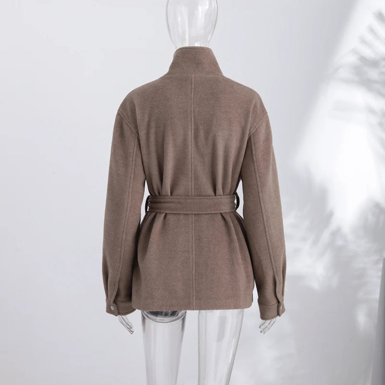 Casual Solid Woolen Loose Coats Women Belt Stand Collar Full Sleeve Zippers Lace Up Coat Female 2026 Autumn Lady Outwears