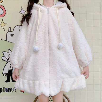 Winter Hoodies Warm Kawaii Rabbit Ears Women Sweatshirt Girl Lolita Hooded Zip-up Casual Sweatshirts Harajuku Hoodie Long Sleeve