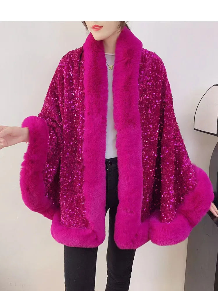 ZADORIN Fashion Sequins Long Furry Warm Faux Fur Coat Woman Autumn Winter Fur Cape Ponch Wedding Party Fur Shawl Cloak Cardigans