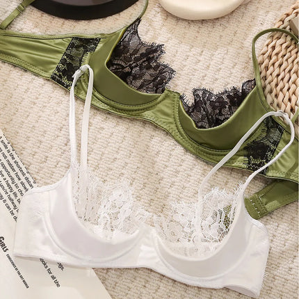MOYISU No‑Wire French Lace Half‑Cup Bra Set Women Ultra‑Thin Transparent Green Lingerie, Daily Brassiere 32‑38 AB for Small Bust