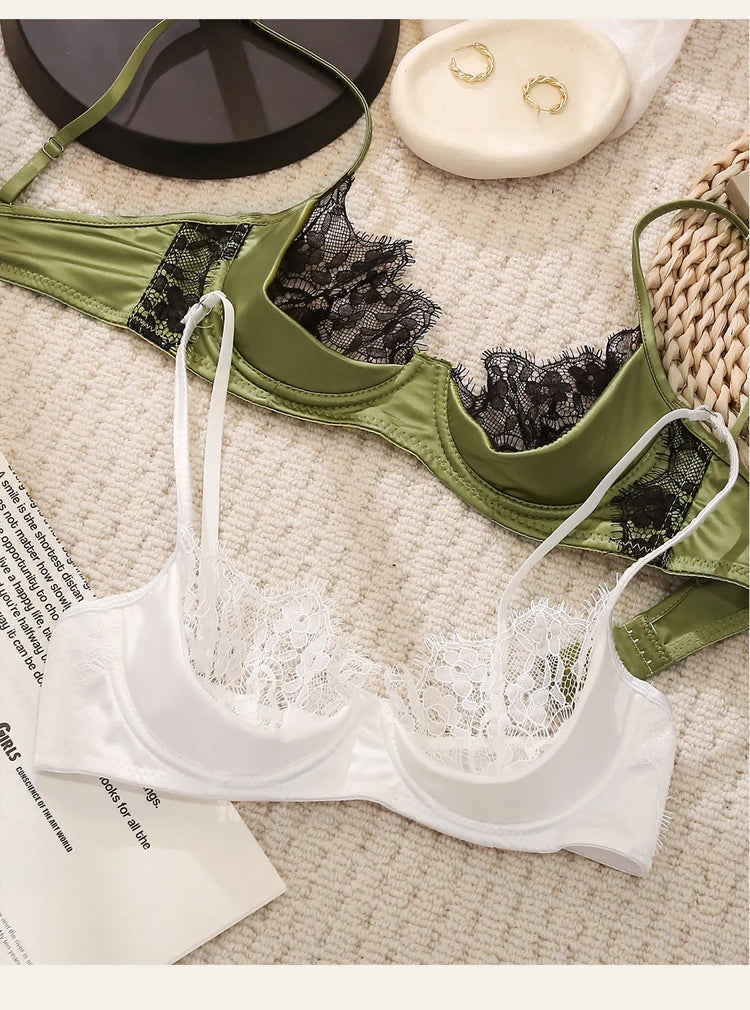 MOYISU No‑Wire French Lace Half‑Cup Bra Set Women Ultra‑Thin Transparent Green Lingerie, Daily Brassiere 32‑38 AB for Small Bust