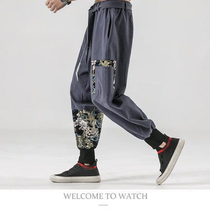 Pantaloni da uomo Costume da samurai giapponese Ukiyo-e Cintura con stampa Pantaloni stile harem da uomo in cotone e lino Pantaloni casual Harajuku da uomo Taglie forti 5XL