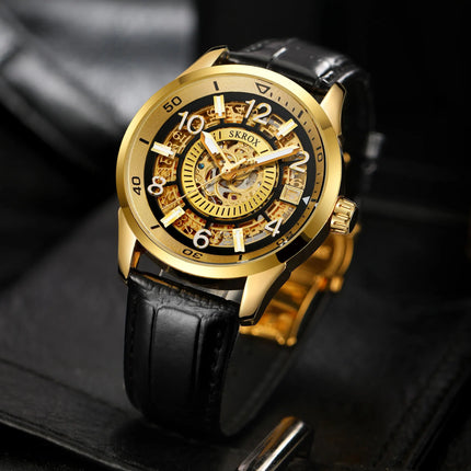 SKROX Original Gold Skeleton Automatic Movement Men's Watch Mechanical Waterproof Male Wrist Watches Leather Strap Luxury Clock