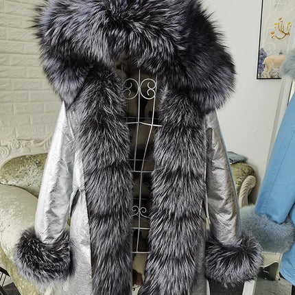 Winter Long Jacket Real Fur Coat Women Clothes Large Silver Fox Fur Collar Detachable Natural Fox Lining Parkas Leather Fur