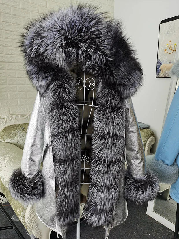 Winter Long Jacket Real Fur Coat Women Clothes Large Silver Fox Fur Collar Detachable Natural Fox Lining Parkas Leather Fur
