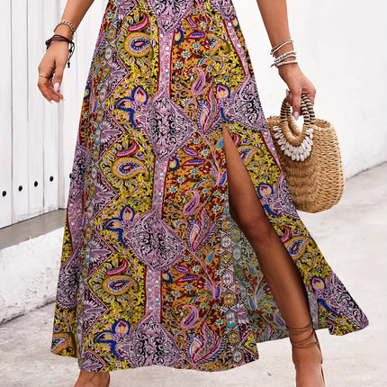 Gonna Lunga Vintage Bohemien con Stampa Etnica da Donna, Gonna Estiva Casual a Vita Alta 2026, Elegante Gonna Boho a Trapezio con Spacco e Pieghe