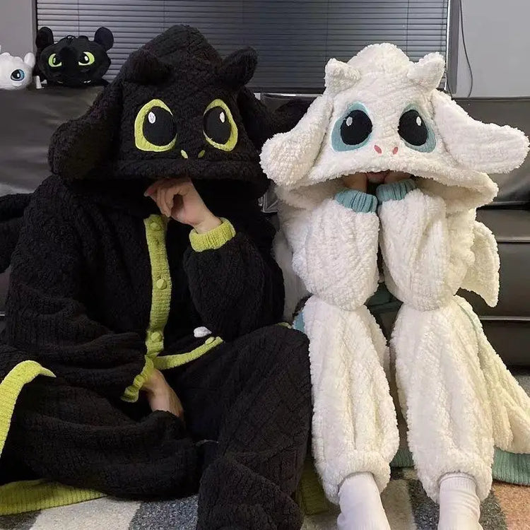 Anime Toothless Boy and Girl Winter Pajama Robe Kawaii Y2K Role-Playing Birthday Gift Thick Coral Velvet Warm Home Clothes Set