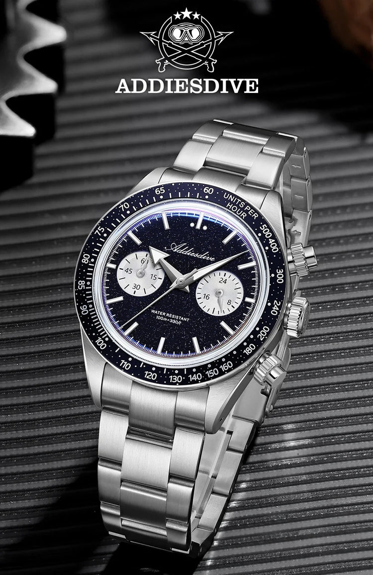 ADDIESDIVE Luxury Mens Watch New AD2558 VK64 Quartz Chronograph Stainless Steel Blue Sandstone Dial Luminous 100M Waterproof