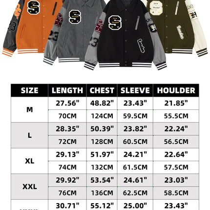 Men's Letterman Jacket Vintage Varsity Coat Patchwork Baseball Streetwear Outerwear with Faux Leather Sleeves & Fine Embroidery