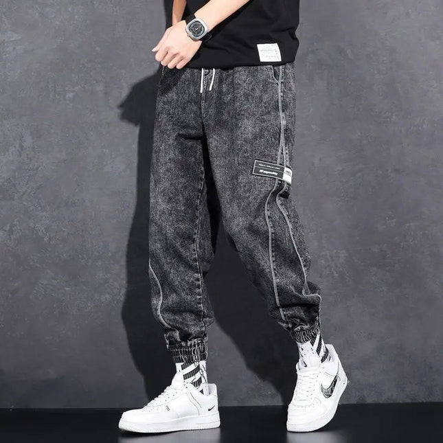 Loose Elastic Waist Denim Jeans for Men 2024 Fashion Casual Spring Workwear Foot-Tied Pants with Brand Workwear Baggy Trousers PlatiNum