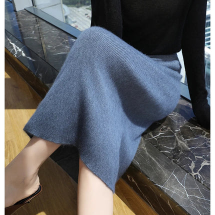 Quality Mink Cashmere Skirt Women's High Waist Slim Hip Skirt Chinese Cheongsam Knit Skirt Fashion All-Match Sweater PlatiNum