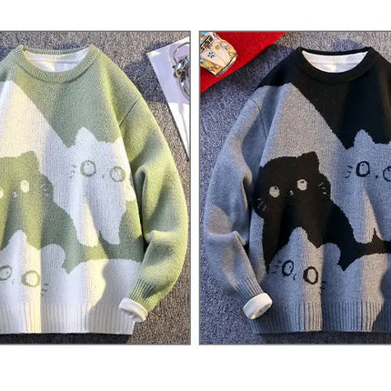 Cartoon Cat's New Knitted Sweater 2025 Men's Autumn/Winter Warm Knitted Sweater Men's Pullover Home Clothes