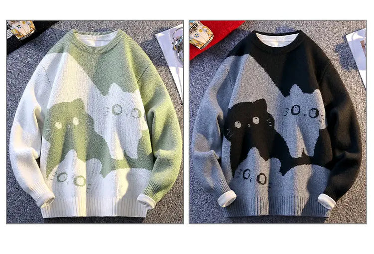 Cartoon Cat's New Knitted Sweater 2025 Men's Autumn/Winter Warm Knitted Sweater Men's Pullover Home Clothes