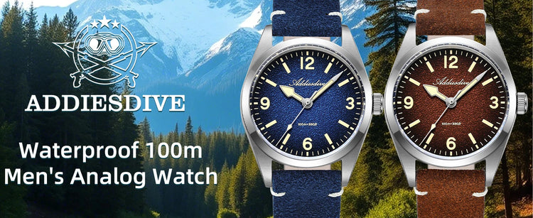 ADDIESDIVE NEW Luxury Quartz Men's 36mm Watch AD2544 Sapphire Crystal 100M Waterproof C3 Retro Luminous Leather Strap Wristwatch