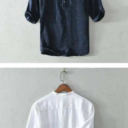 Men's High-End Loose Spring and Summer Chinese Style Short-Sleeved Cotton Linen Casual Breathable Shirt Collar T-shirt