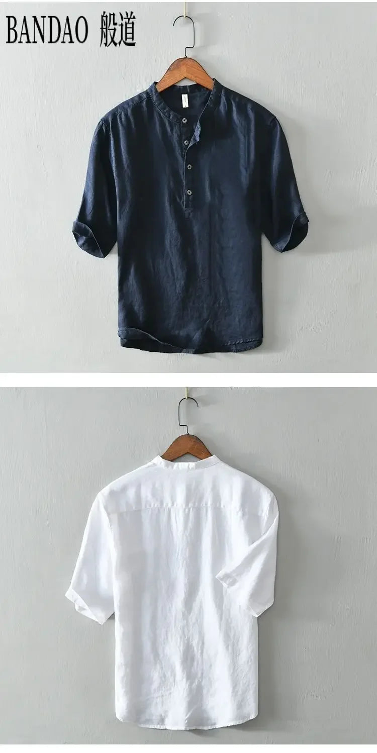 T-shirt con colletto della camicia traspirante casual in lino di cotone a maniche corte da uomo di fascia alta allentata primavera ed estate in stile cinese