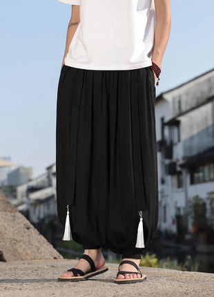 Pantaloni a Gamba Larga Stile Etnico per Uomo, Pantaloni in Lino Comodi e Traspiranti, Pantaloni da Ballo, Abbigliamento Casual Quotidiano, Pantaloni Hanfu, Taglie Fino a 8XL