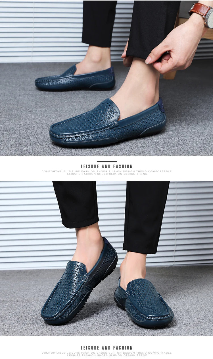 Mocassini da Uomo Estivi 2026 in Vera Pelle di Lusso, Scarpe Casual Traspiranti con Intaglio, Slip-on da Guida