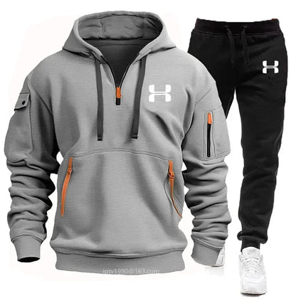 Men new autumn and winter multi-pocket zipper long-sleeved hoodie + sports and leisure pants two-piece fitness jogging suit PlatiNum