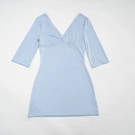 Women's Tsiisd Blue Mini Dress with Deep V-Neck, Elegant Bodycon Dress for Office, Summer, Daily, Streetwear, Fashion, Party