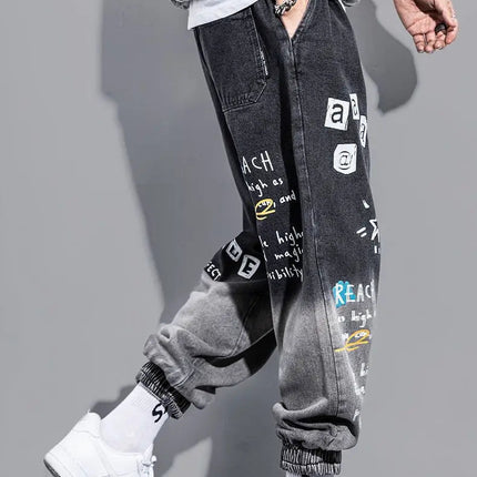 Men's Distressed Denim Pants Cuffed, Artistic Gradient Harem Jeans, Oversized Hip Hop Trousers for Spring Fall Versatile Outfits PlatiNum