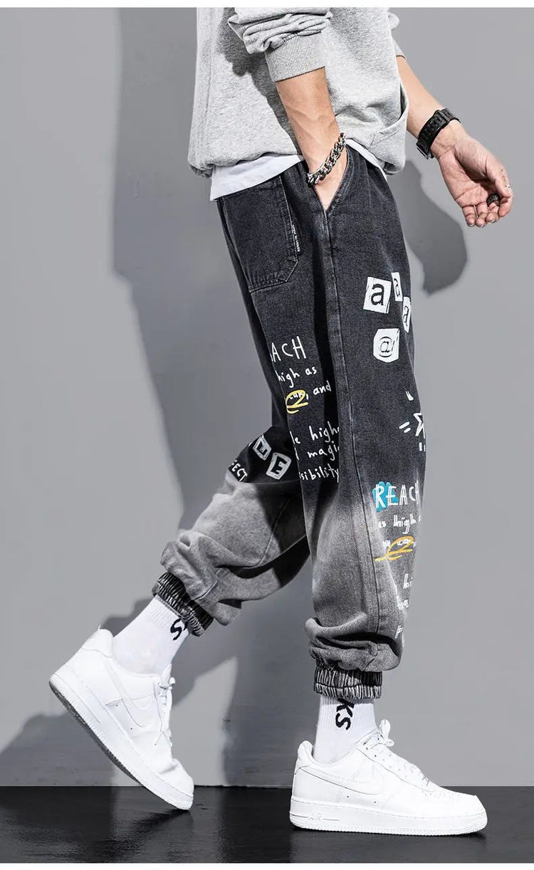 Men's Distressed Denim Pants Cuffed, Artistic Gradient Harem Jeans, Oversized Hip Hop Trousers for Spring Fall Versatile Outfits PlatiNum