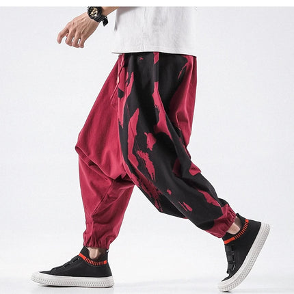 Pantaloni alla moda da uomo Samurai giapponese Ukiyo-e Cintura con stampa Pantaloni stile harem da uomo in cotone e lino Casual Oversize Harajuku Pantaloni a gamba larga da uomo