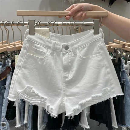 New Women's Denim Shorts with Raw Hems, A-Line Loose Fit, Ripped, High-Waisted, Hot Pants