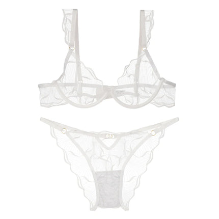 Elegant Women Flower Embroidery Mesh Lingerie Set Adjustable Straps Underwire Bra Panty Transparent Intimates