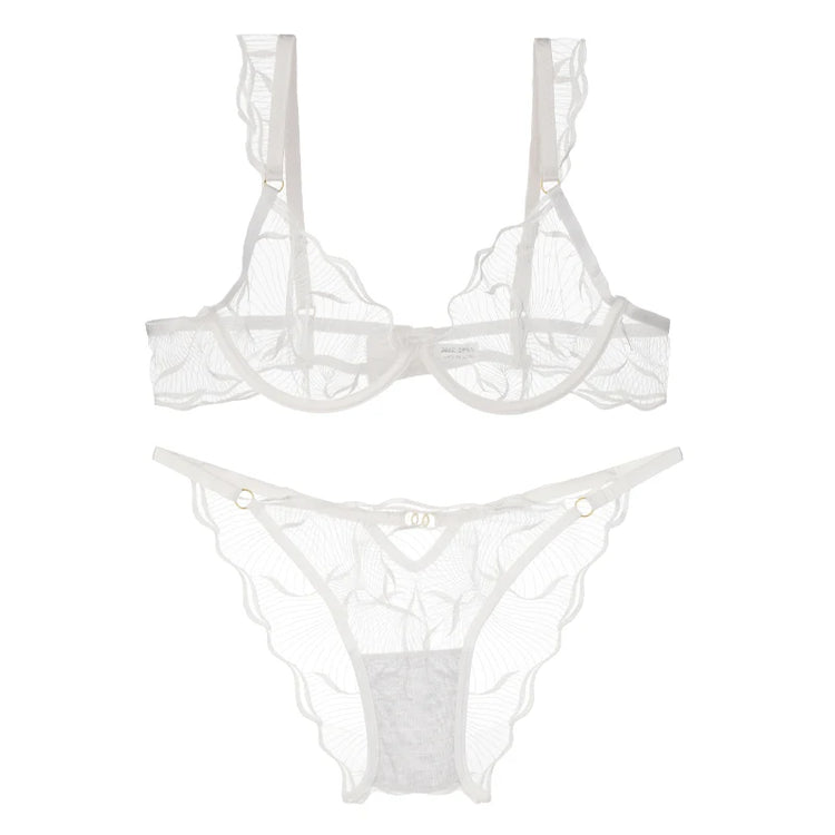 Elegant Women Flower Embroidery Mesh Lingerie Set Adjustable Straps Underwire Bra Panty Transparent Intimates