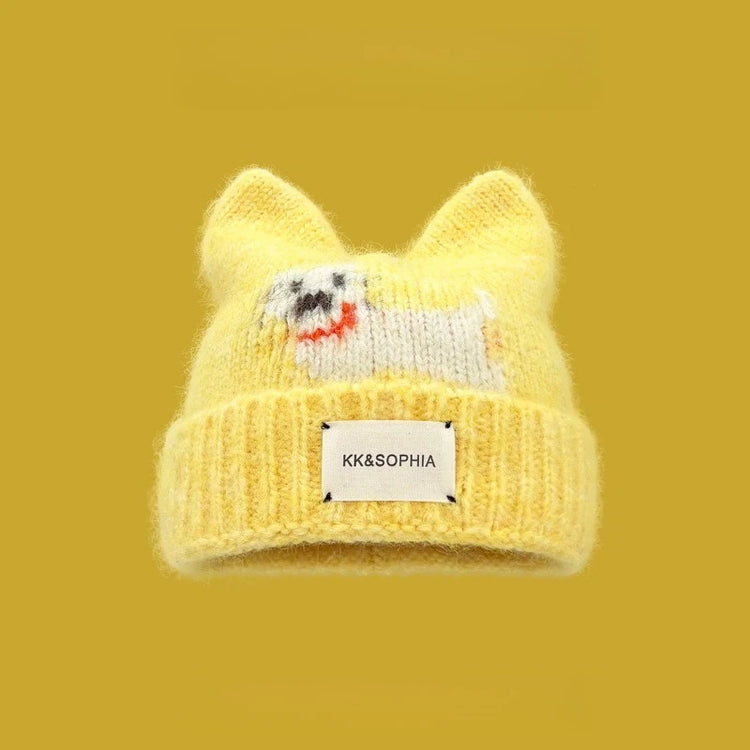 Cute Cartoon Kitten Ear Woolen Cap for Women Warm Cold-proof Autumn Winter Puppy Pattern Knitted Hat Fashion Sweet Crochet hats