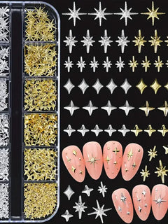 Golden & Silvery Metallic 3D Star Nail Art Charms and Gems - Mixed Styles for DIY Nail Decor, Hypoallergenic Manicure Jewelry2028