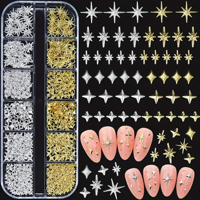 Golden & Silvery Metallic 3D Star Nail Art Charms and Gems - Mixed Styles for DIY Nail Decor, Hypoallergenic Manicure Jewelry2028