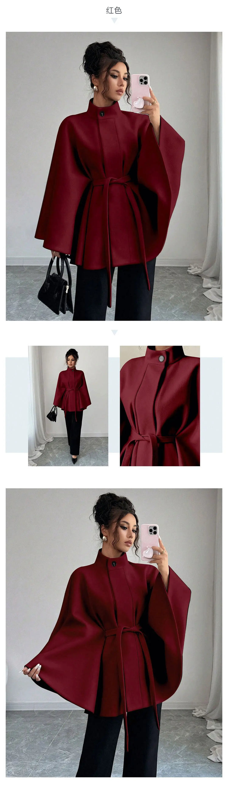 Elegant Women's Woolen Coat Autumn Winter Stand up Collar Cape Style Design Tie Waist Atmospheric Fashionable Ladies Outerwear