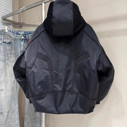 Winter Spliced Black Men Hooded Down Coat American Style Motorcycle Puffer Jacket Loose Fit Zip Waterproof Jackets Casual Coats