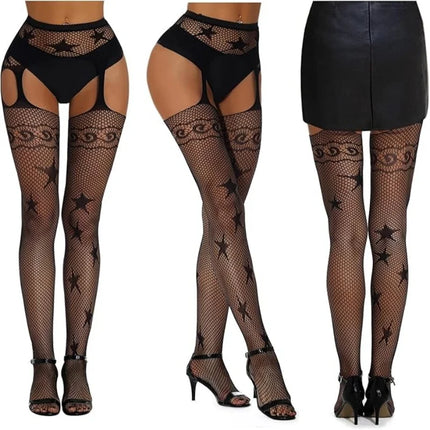 Calze a rete sexy da donna da 3 pezzi Collant con reggicalze alti fino alla coscia con reggicalze Design con motivo scavato per uso occasionale