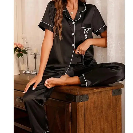 Lussuoso pigiama in raso per donna 2 pezzi pigiama Set tasca cuore ricama pigiameria autunno manica lunga top e pantaloni pigiama femminile platinumshop