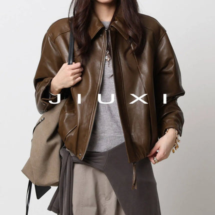 Soft Sheepskin Genuine Leather Cropped Jacket Women Lapel Zip Up Snap Button Side Pockets Casual Autumn Real Leather Outerwear