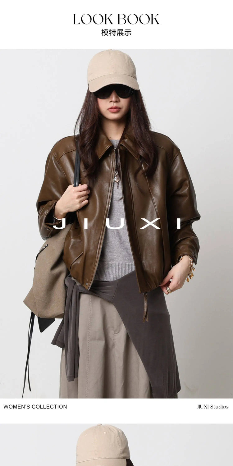 Soft Sheepskin Genuine Leather Cropped Jacket Women Lapel Zip Up Snap Button Side Pockets Casual Autumn Real Leather Outerwear
