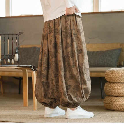 Pantaloni di alta qualità per uomo stile cinese fiore scuro velluto a coste Bloomers casual elastico in vita moda pantaloni larghi a gamba larga maschile