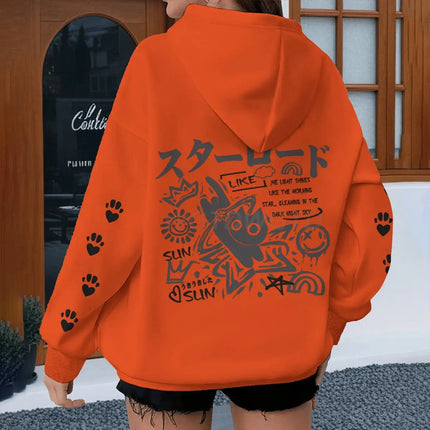 Japanese Style Cat Print Hoodies Women Men Harajuku Animal Streetwear Vintage Kitten Design Y2K Sudaderas