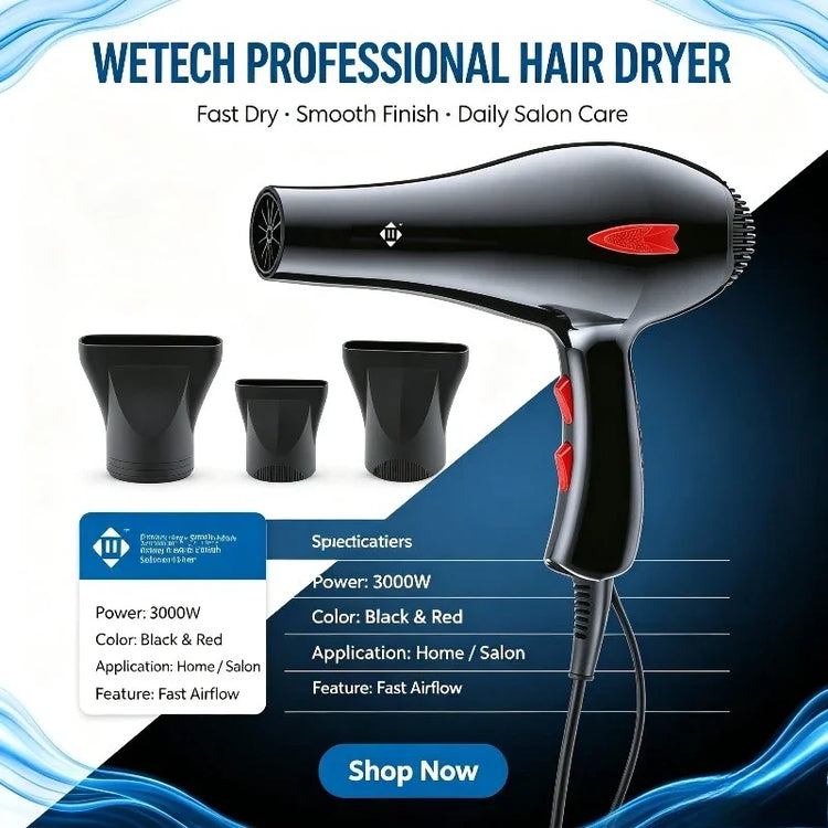 WETECH W1111 Professional Hair Dryer 3000W High Power Blow Dryer Adjustable Temperature & Wind Speed With 2Pcs Concentrator Nozzles AC100-240V Universal Voltage Salon Home Hair Styling Tool