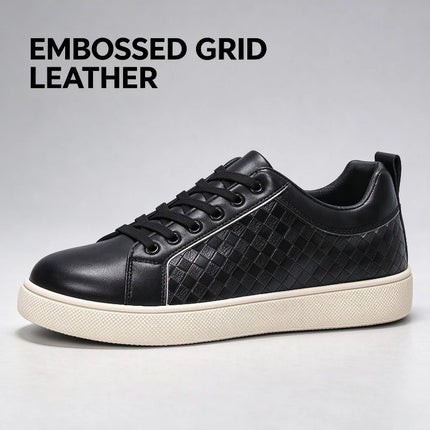 Men Low Top Leather Casual Shoes Lace-up Fashion Sneakers Black Embossed Plaid Upper Non Slip Flat Daily Wear Board Footwear