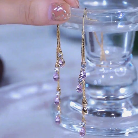 Luxury Temperament Green Zircon Drop Earrings For Women Korean Fashion Long Tassel Rhinestone Earring Wedding Party Jewelry PlatiNum