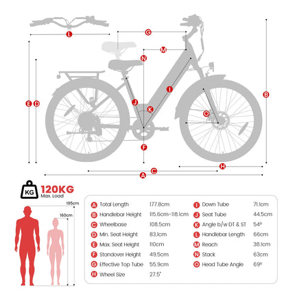 J1 Bici Elettrica 250W Pedelec, Batteria Rimovibile 36V 15,6Ah, Autonomia Assistita fino a 100 km, Bicicletta Elettrica Trekking 27,5”, Sospensione Anteriore con Blocco, 7 Velocità, Freni a Disco, Display LCD, per Pendolar