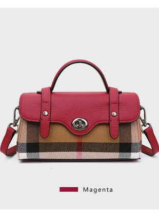 Borsa Mini Boston a Righe e Quadri in Tessuto con Finiture in Ecopelle, Chiusura a Giro e Torsione, Design con Patta, Borsa a Mano da Donna, a Tracolla, Portamonete