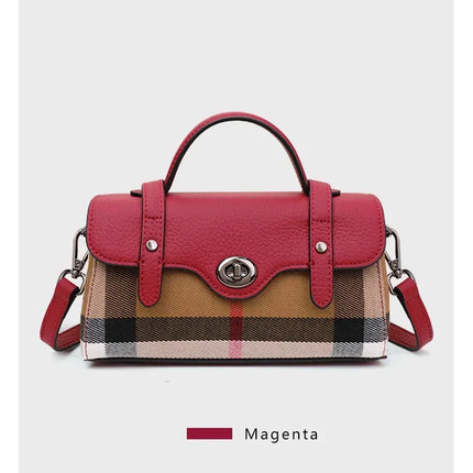 Borsa Mini Boston a Righe e Quadri in Tessuto con Finiture in Ecopelle, Chiusura a Giro e Torsione, Design con Patta, Borsa a Mano da Donna, a Tracolla, Portamonete