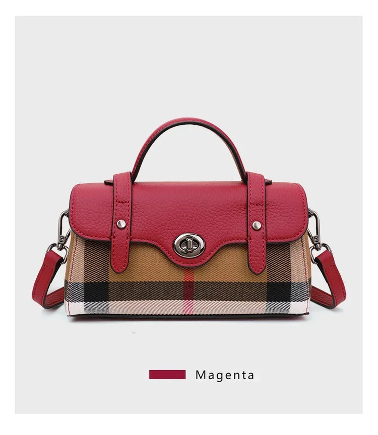Borsa Mini Boston a Righe e Quadri in Tessuto con Finiture in Ecopelle, Chiusura a Giro e Torsione, Design con Patta, Borsa a Mano da Donna, a Tracolla, Portamonete